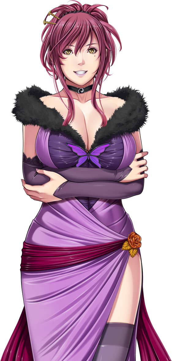 1girl breasts choker cleavage clenched_teeth crossed_arms dress elbow_gloves game_cg gloves high_ponytail large_breasts legs looking_at_viewer mamiya_marie mole mole_under_eye nail_polish original ponytail purple_dress red_hair sarong sei_shoujo simple_background smile solo standing teeth thighhighs thighs tied_hair transparent_background yellow_eyes
