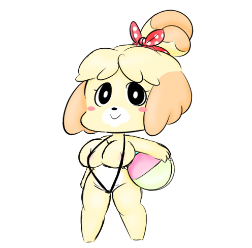 animal_crossing anthro ball beach_ball big_breasts bikini blush breasts canid canine canis clothed clothing domestic_dog female fur hair isabelle_(animal_crossing) low_res mammal nintendo nipples shih_tzu simple_background sling_bikini smile solo swimwear toy_dog vallycuts video_games yellow_fur