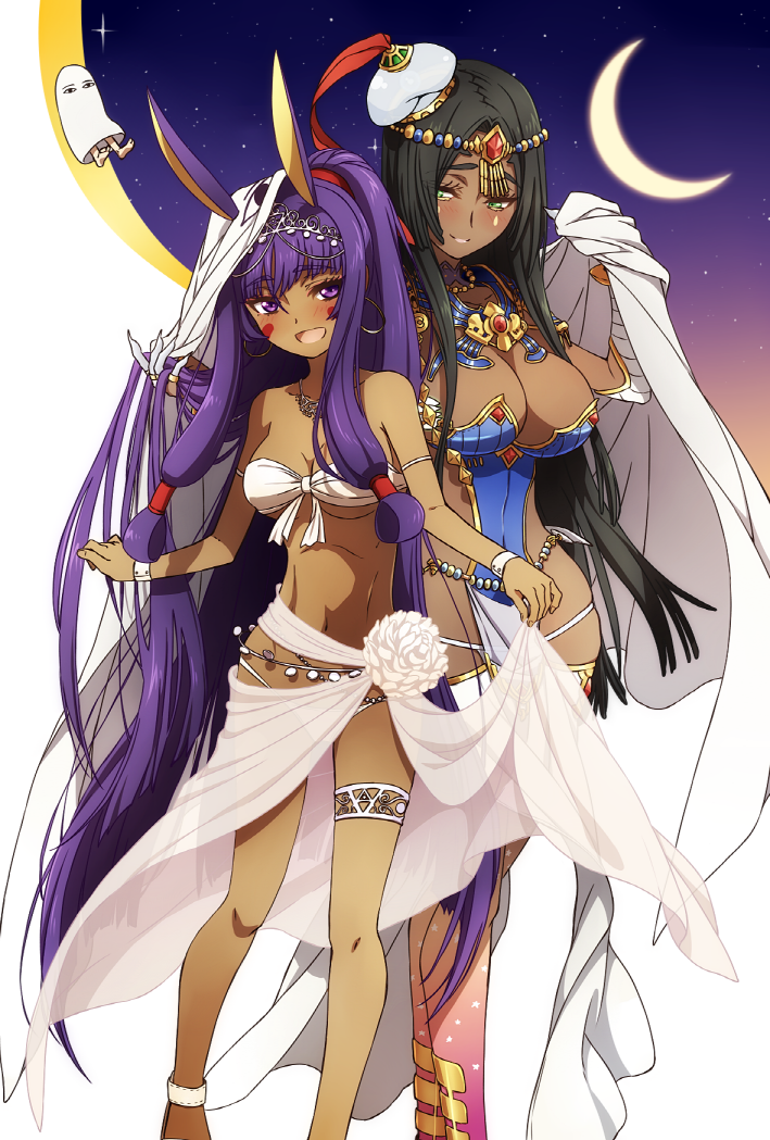 2girls :d animal_ears anklet arm_wrap armlet bare_shoulders bed_sheet belly_chain bikini black_hair breasts circlet cleavage collarbone crescent_moon dark_skin earrings eyebrows_visible_through_hair facepaint facial_mark fate/grand_order fate_(series) flower forehead_jewel front-tie_bikini front-tie_top gradient_skin green_eyes hair_rings hand_in_another's_hair hat high_ponytail hip_vent hoop_earrings jackal_ears jewelry large_breasts long_hair medium_breasts medjed mini_hat moon multiple_girls navel necklace nitocris_(fate/grand_order) nitocris_(swimsuit_assassin)_(fate) oiun open_mouth ponytail purple_eyes purple_hair ring sarong sarong_lift scheherazade_(fate/grand_order) see-through simple_background smile standing star swimsuit thighlet tiara translucent_sarong very_long_hair white_background white_bikini white_flower white_sarong white_swimsuit wrist_cuffs yuri