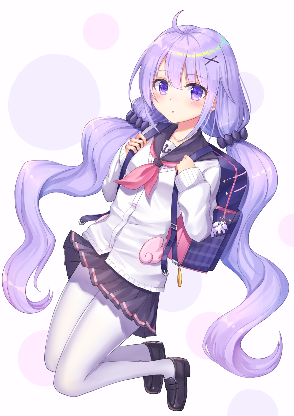 1girl :o ahoge anchor_symbol azur_lane backpack bag bag_charm bangs black_footwear black_sailor_collar blue_skirt blush cardigan charm_(object) commentary_request eyebrows_visible_through_hair full_body hair_between_eyes hair_ornament highres loafers long_hair looking_at_viewer low_twintails neckerchief pantyhose parted_lips pink_neckwear pleated_skirt purple_eyes purple_hair sailor_collar seungju_lee shoes skirt solo twintails unicorn_(amusement_park_date)_(azur_lane) unicorn_(azur_lane) very_long_hair white_cardigan white_legwear x_hair_ornament