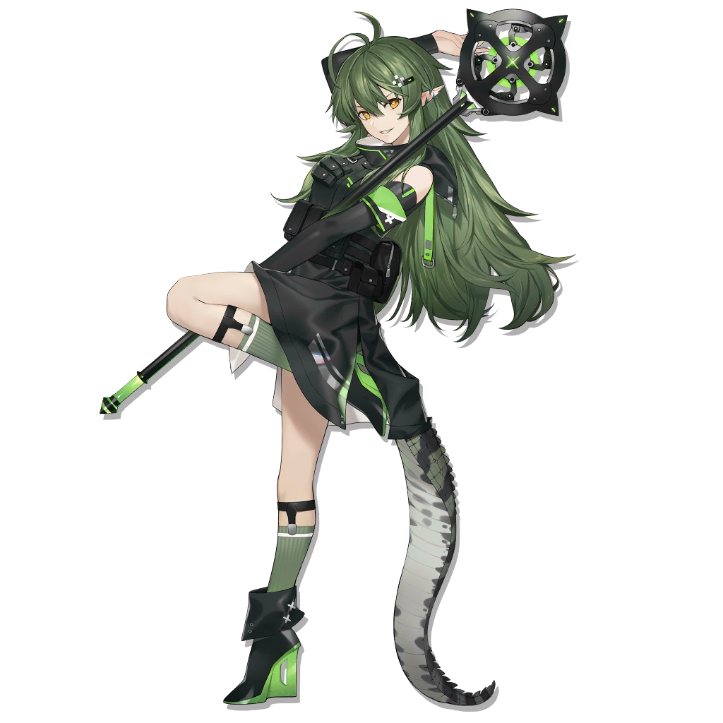 1girl ankle_boots antenna_hair arknights arm_up armband bangs black_dress black_footwear boots breasts collared_dress crocodile_tail detached_sleeves dress gavial_(arknights) green_hair green_legwear grin hair_ornament hairclip high_collar high_heel_boots high_heels holding holding_staff hood hood_down hooded_jacket jacket kneehighs leg_up llc long_hair looking_at_viewer medium_breasts messy_hair pointy_ears pouch ribbed_legwear sidelocks smile solo staff standing standing_on_one_leg transparent_background yellow_eyes