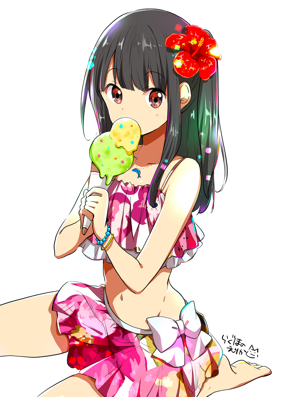 1girl bangs bare_shoulders bikini black_hair blush bow brown_eyes chijou_noko chikanoko collarbone commentary_request eyebrows_visible_through_hair flower food hair_flower hair_ornament highres holding ice_cream jewelry long_hair looking_at_viewer navel necklace pink_skirt ragho_no_erika red_flower simple_background skirt solo swimsuit translation_request white_bow
