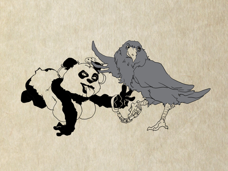 2014 anthro avian bird black_fur blue_feathers body_bags boris_(artist) brown_background corvid dark_horse dc_comics duo ear_piercing fan_character feathers female feral fur handcuffed_together handcuffs mammal panda panda_delgado parody piercing raven raven_(dc) shackles simple_background teen_titans tongue tongue_out ursine white_fur