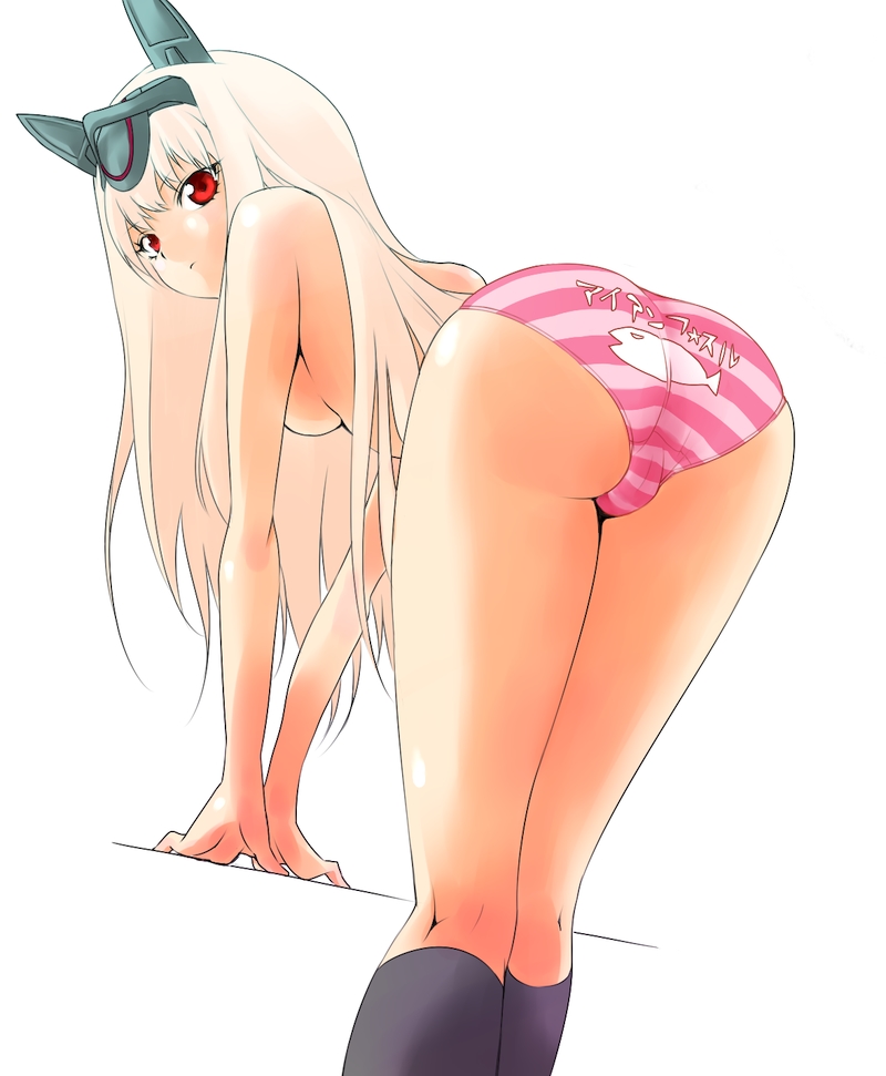 1girl ass bangs bent_over black_legwear blonde_hair breasts closed_mouth darius darius_burst forehead_protector from_behind kininaljaguar kneepits legs_together long_hair looking_at_viewer looking_back medium_breasts panties pink_panties platinum_blonde_hair red_eyes simple_background socks solo straight_hair striped striped_panties ti2 topless underwear v_arms white_background
