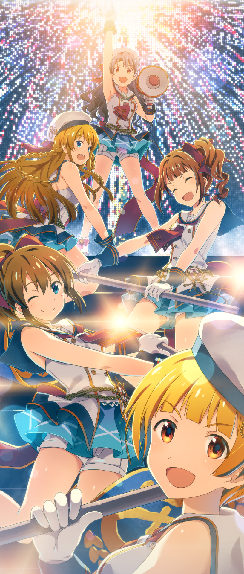 5girls ^_^ ^o^ blonde_hair blue_eyes blush bow braid brown_eyes brown_hair character_request closed_eyes closed_mouth drill_hair eyebrows_visible_through_hair facing_viewer gloves hat highres holding holding_megaphone idolmaster idolmaster_million_live! idolmaster_million_live!_theater_days long_hair looking_at_viewer megaphone multiple_girls one_eye_closed open_mouth ponytail red_bow red_eyes short_hair short_ponytail side_drill smile twin_braids white_gloves white_headwear yuuki_tatsuya