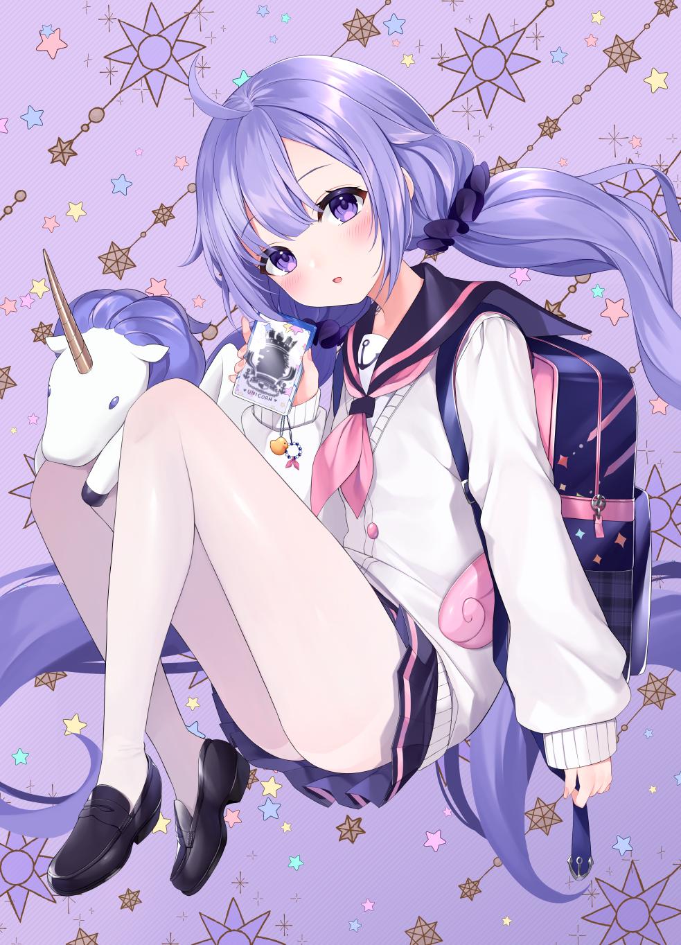 1girl ahoge anchor_symbol azur_lane backpack bag black_footwear black_skirt blush eyebrows_visible_through_hair full_body highres komazuki_(komaworks240) loafers long_hair long_sleeves looking_at_viewer neckerchief pantyhose parted_lips pink_neckwear purple_eyes purple_hair sailor_collar scrunchie shoes skirt solo stuffed_alicorn twintails unicorn_(azur_lane) very_long_hair white_legwear