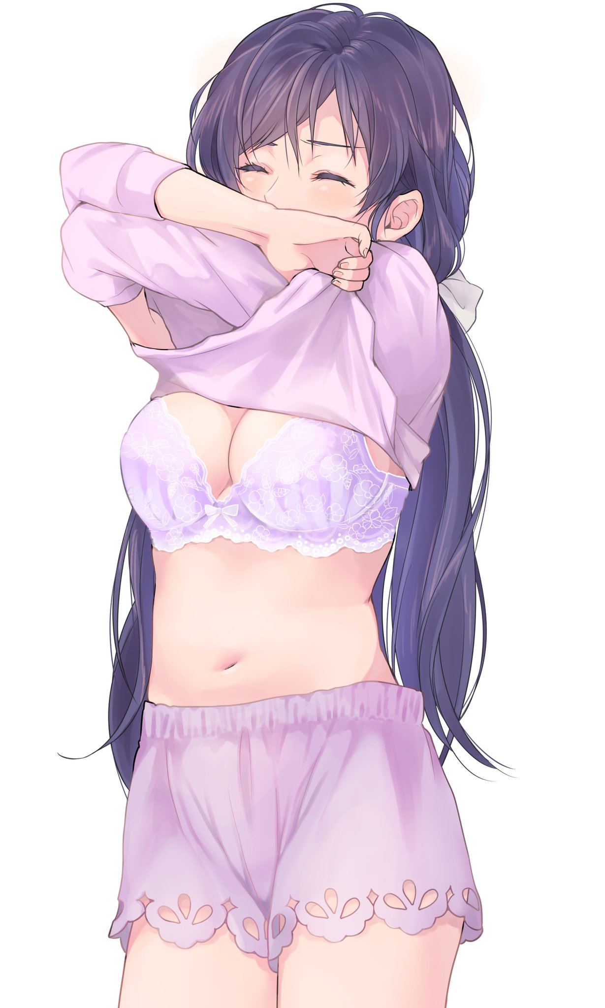 1girl bangs breasts cleavage closed_eyes floral_print hair_ornament hair_scrunchie highres image_sample kate_iwana lace-trimmed_shorts large_breasts lavender_bra lavender_shirt lavender_shorts long_hair long_sleeves love_live! love_live!_school_idol_project navel purple_hair scrunchie shirt_lift shorts simple_background sleepwear solo toujou_nozomi twintails twitter_sample very_long_hair white_background