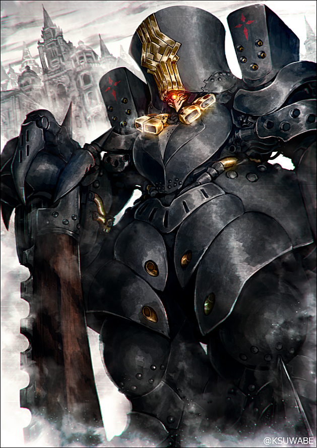 armor charles_babbage_(fate/grand_order) claws fate/grand_order fate_(series) grey_background grey_theme kei-suwabe mecha no_humans planted_weapon robot twitter_username weapon