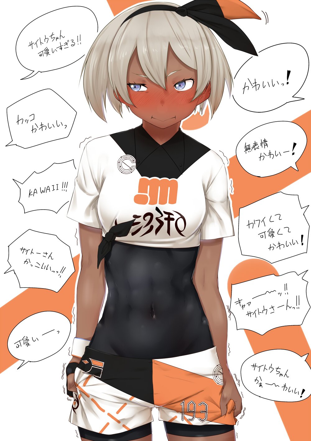 1girl abs blonde_hair blush breasts dark_skin grey_eyes hair_between_eyes hairband highres knee_pads niwatazumi pokemon pokemon_(game) pokemon_swsh saitou_(pokemon) shirt short_hair short_sleeves shorts small_breasts solo tight tight_shirt translation_request trembling