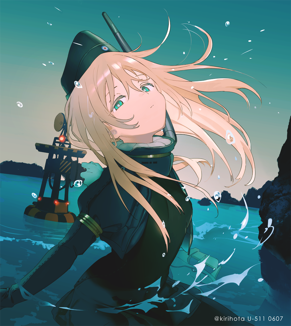 1girl bangs blue_eyes blue_sky buoy closed_mouth commentary cropped_jacket english_commentary eyebrows_visible_through_hair garrison_cap hair_between_eyes hat headgear horizon kantai_collection kirihota long_hair long_sleeves looking_at_viewer military military_uniform ocean outdoors pale_skin pantyhose partially_submerged puffy_long_sleeves puffy_sleeves sky solo splashing swimsuit swimsuit_under_clothes thighhighs twitter_username u-511_(kantai_collection) uniform water water_drop white_hair