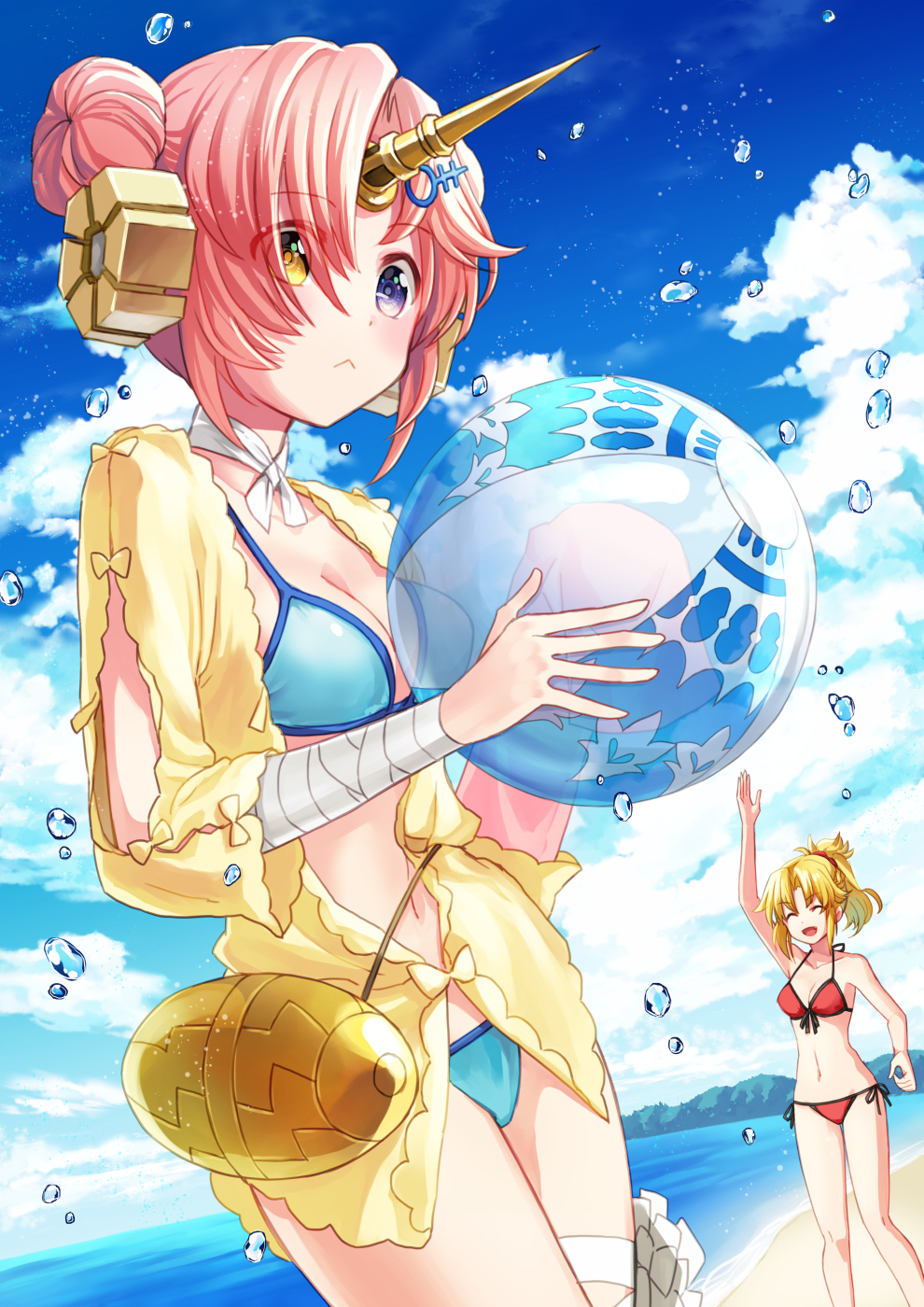 2girls :&lt; :d ball bandaged_arm bandages bangs bare_arms bare_legs bare_shoulders beach beachball bikini blonde_hair blue_bikini blue_eyes blush braid breasts cleavage cloud coconat_summer commentary_request double_bun eyebrows_visible_through_hair fate/grand_order fate_(series) frankenstein's_monster_(fate) frankenstein's_monster_(swimsuit_saber)_(fate) green_eyes hair_ornament hair_over_one_eye hair_scrunchie hairclip highres horn looking_at_viewer medium_breasts mordred_(fate)_(all) mordred_(swimsuit_rider)_(fate) multiple_girls navel open_mouth pink_hair ponytail red_bikini red_scrunchie scrunchie short_hair side-tie_bikini small_breasts smile swimsuit water