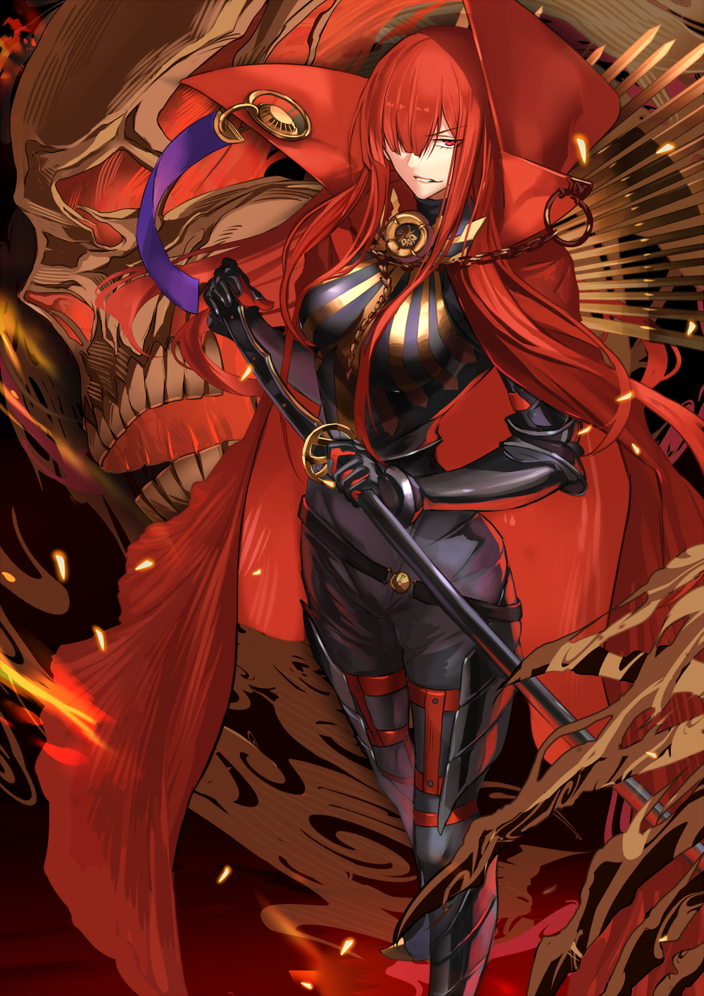 1girl black_gloves bodysuit boots breasts cape fate/grand_order fate_(series) gloves greaves grin hair_over_one_eye highres karlwolf katana long_hair looking_at_viewer oda_nobunaga_(maou_avenger)_(fate) red_eyes red_hair sheath sheathed skull smile solo sword weapon