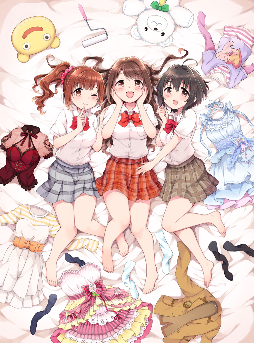 3girls :d ahoge bangs bare_legs barefoot bed_sheet belt black_hair black_legwear blazer blue_skirt blunt_bangs blush bow bowtie brown_eyes brown_hair brown_jacket brown_skirt buttons closed_mouth clothes collared_shirt dekosuke dot_nose dress eyebrows_visible_through_hair finger_to_mouth frilled_dress frills hair_between_eyes hair_intakes hand_on_another's_leg hand_on_another's_shoulder hands_on_own_cheeks hands_on_own_face idolmaster idolmaster_cinderella_girls igarashi_kyouko jacket kohinata_miho layered_dress long_hair looking_at_viewer lying multiple_girls on_back one_eye_closed open_mouth paint_roller pink_check_school pink_dress pleated_skirt ponytail red_bow red_hair red_neckwear red_skirt round_teeth school_uniform scrunchie shimamura_uzuki shirt short_hair short_sleeves sidelocks skirt smile socks striped striped_shirt stuffed_animal stuffed_toy tareme teddy_bear teeth wavy_hair white_dress white_legwear white_shirt