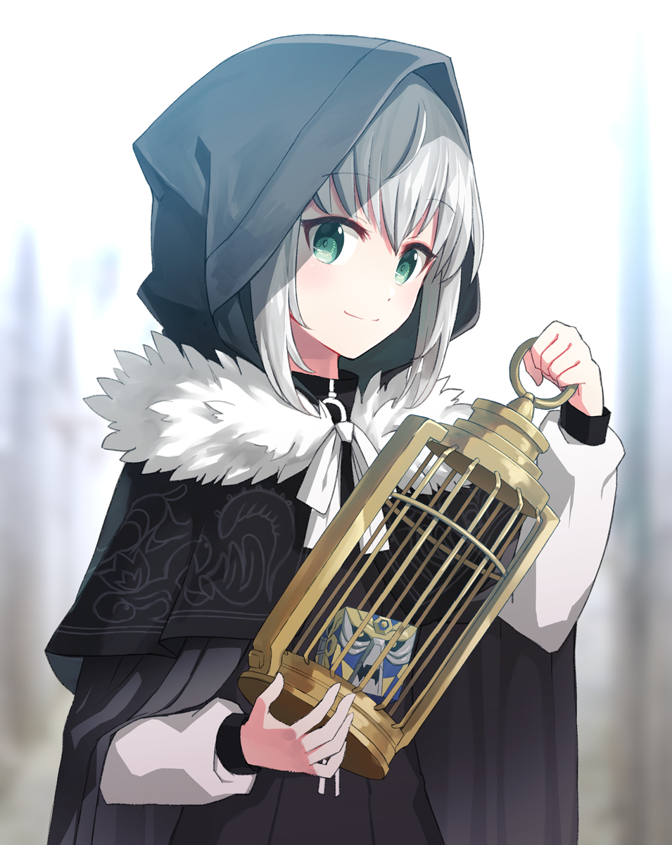 1girl bangs cage cape cloak coconat_summer commentary_request eyebrows_visible_through_hair fate/grand_order fate_(series) fur_trim gray_(lord_el-melloi_ii) green_eyes grey_hair hair_between_eyes highres holding holding_cage hood hood_up long_sleeves looking_at_viewer lord_el-melloi_ii_case_files ribbon short_hair smile solo white_ribbon