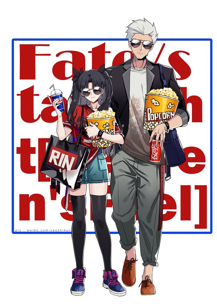 1boy 1girl archer background_text bag black_hair black_legwear casual commentary_request fate/stay_night fate_(series) food full_body long_hair pepsi popcorn shoulder_bag standing sunglasses thighhighs toosaka_rin two_side_up watch watermark web_address white_background white_hair wristwatch yaoshi_jun zettai_ryouiki