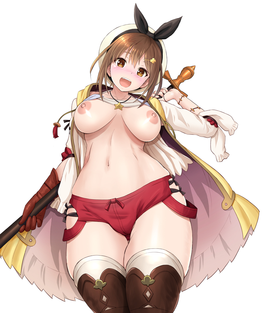 1girl :d atelier_(series) atelier_ryza blush breasts brown_eyes brown_gloves brown_hair brown_legwear collarbone gloves hair_ornament hairclip harukigenia hat jewelry large_breasts looking_at_viewer navel necklace nipples open_mouth red_shorts reisalin_stout short_hair short_shorts shorts simple_background single_glove smile solo star thighhighs thighs white_background white_headwear white_legwear