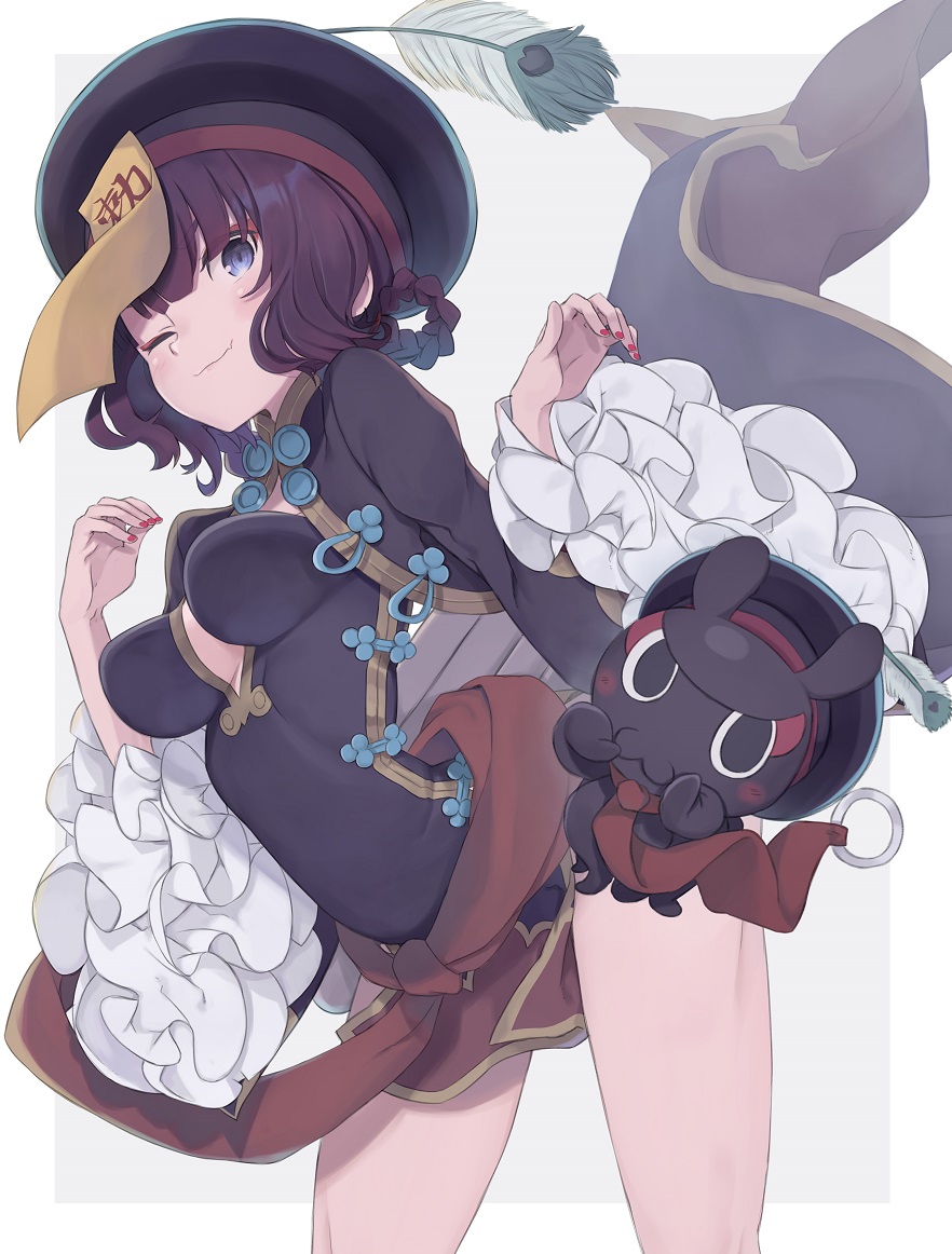 1girl blue_eyes braid breasts cleavage commentary_request cosplay fate/grand_order fate_(series) frilled_sleeves frills hair_between_eyes hat heroic_spirit_chaldea_park_outfit jiangshi jiangshi_costume katsushika_hokusai_(fate/grand_order) legs nail_polish octopus ofuda one_eye_closed peacock_feathers purple_hair red_nails short_hair shuten_douji_(fate/grand_order) shuten_douji_(fate/grand_order)_(cosplay) tokitarou_(fate/grand_order) totatokeke
