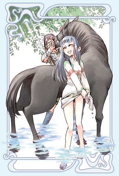1boy 1girl agro barefoot black_hair blush breasts closed_eyes commentary_request dress feet long_hair mono poncho red_hair shadow_of_the_colossus smile surcoat tatsuri_(forest_penguin) wander water