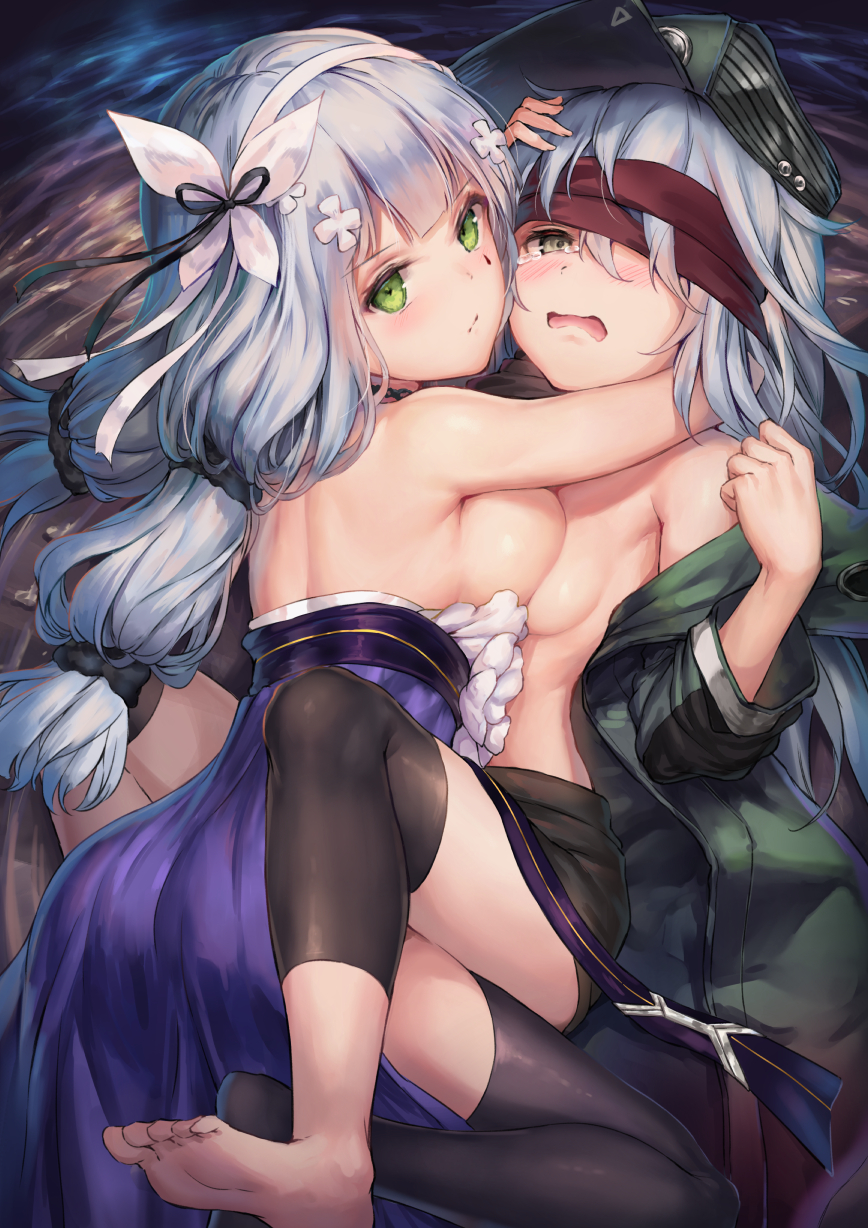 2girls alternate_costume bangs barefoot blunt_bangs blush breast_press breasts brown_eyes commentary_request dress dress_pull facial_mark g11_(girls_frontline) girls_frontline green_eyes hair_between_eyes hair_ornament hairband hat highres hk416_(girls_frontline) jacket layered_dress long_hair looking_at_viewer medium_breasts multi-tied_hair multiple_girls no_shoes open_clothes open_mouth revision scarf_on_head silver_hair strapless strapless_dress symmetrical_docking tama_satou teardrop tearing_up thighhighs topless very_long_hair white_hairband