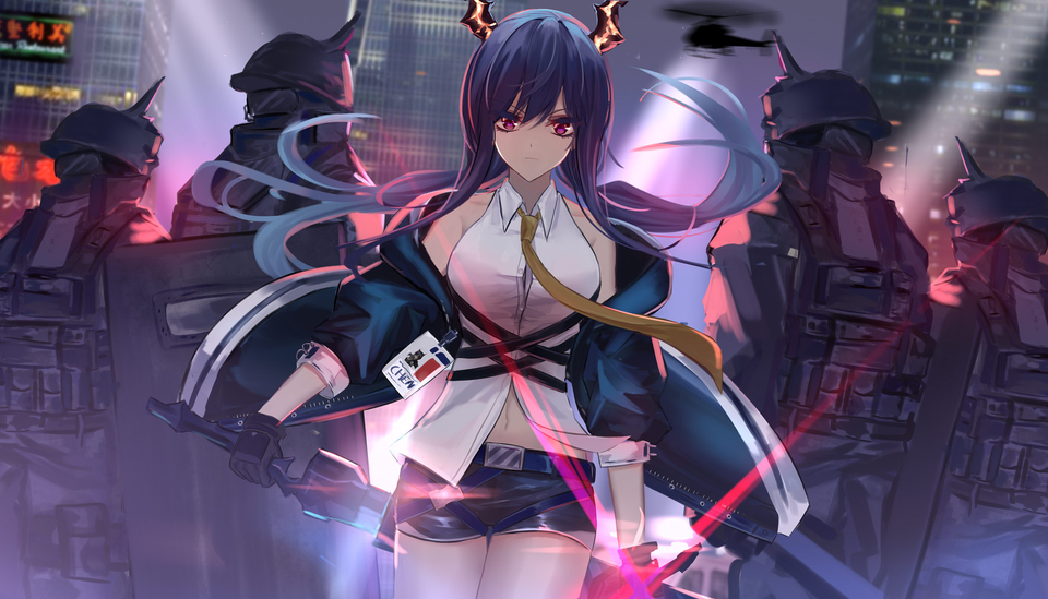 1girl aircraft arknights bangs blue_hair breasts ch'en_(arknights) city_lights cityscape closed_mouth dual_wielding elite_ii_(arknights) eternity_(pixiv8012826) eyebrows_visible_through_hair fingerless_gloves floating_hair gloves hair_between_eyes helicopter holding holding_weapon horns jacket long_hair looking_at_viewer multiple_others necktie night outdoors red_eyes shirt shorts sidelocks sword twintails walking weapon white_shirt