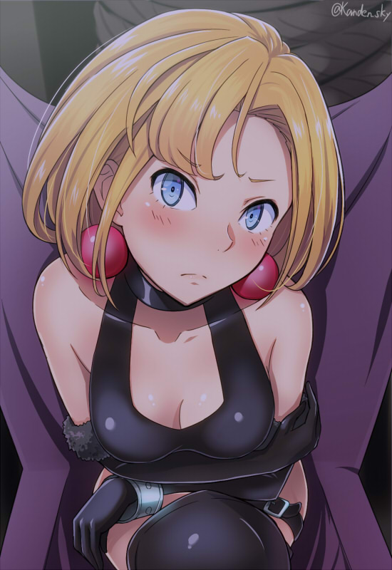 1girl bare_shoulders black_gloves black_legwear blonde_hair blush bottomless breasts cleavage closed_mouth collarbone commentary_request convenient_censoring crossed_arms crossed_legs earrings elbow_gloves gloves jewelry junketsu_no_maria kanden_suki looking_at_viewer maria_(junketsu_no_maria) medium_breasts shirt sitting sleeveless sleeveless_shirt solo thighhighs