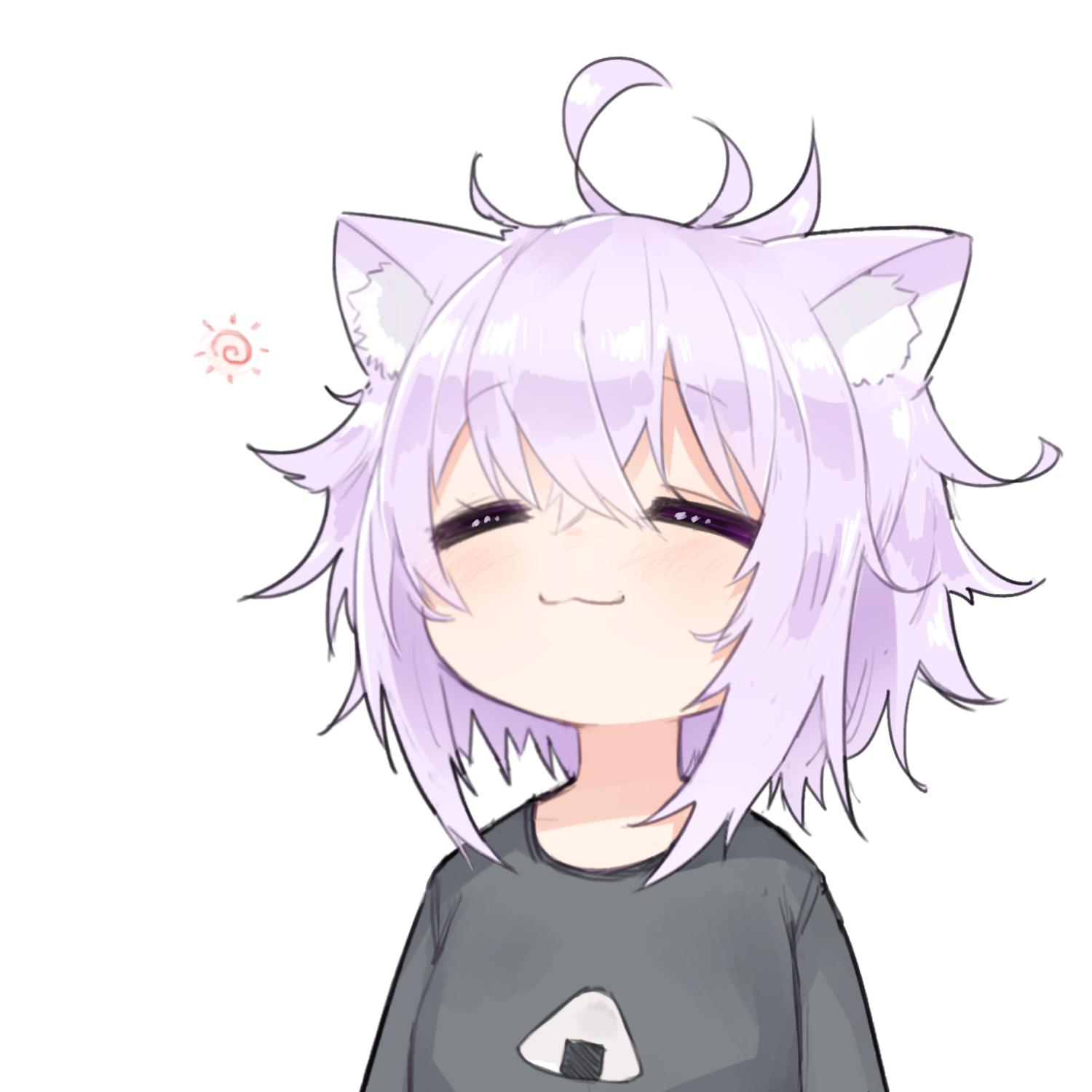 13o 1girl ahoge animal_ear_fluff animal_ears black_shirt blush cat_ears cat_girl chibi closed_eyes closed_mouth commentary food food_print highres hololive messy_hair nekomata_okayu onigiri onigiri_print purple_hair shirt short_hair simple_background sleepy smile solo upper_body virtual_youtuber white_background