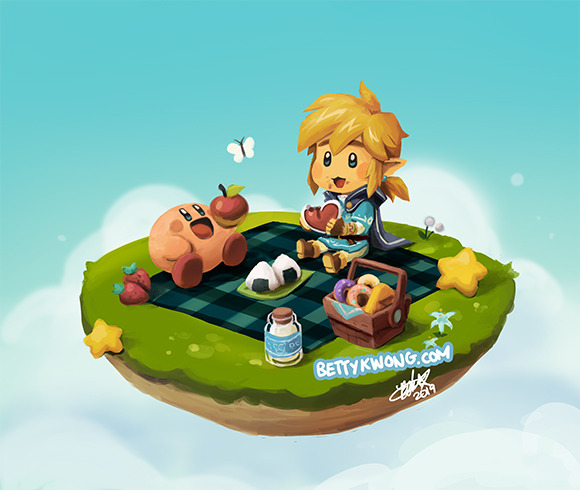 bettykwong blonde_hair blue_cape blue_eyes blue_shirt blue_sky boots bug butterfly cape chibi cloud doughnut eating food fruit grass insect kirby kirby_(series) link milk nintendo onigiri picnic shirt silent_princess sky smile star strawberry the_legend_of_zelda the_legend_of_zelda:_breath_of_the_wild