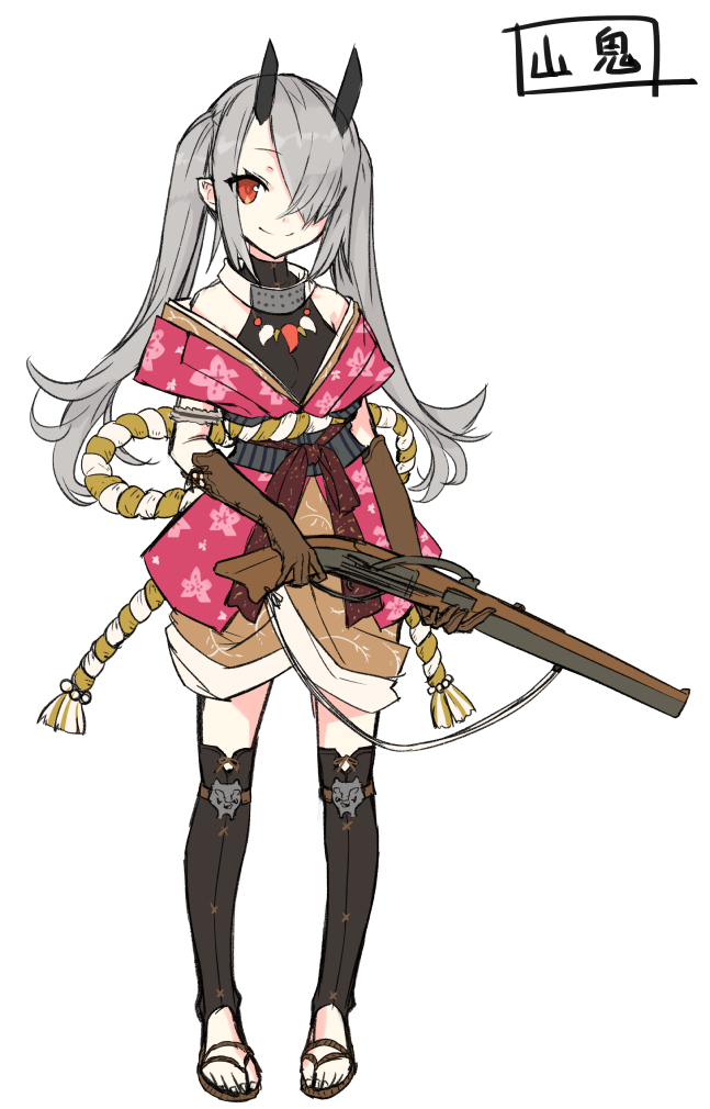 1girl ayakashi_kyoushuutan black_legwear brown_gloves cura elbow_gloves full_body gloves gun holding holding_gun holding_weapon long_hair looking_at_viewer official_art oni oni_horns pointy_ears red_eyes saki_(ayakashi_kyoushuutan) sandals silver_hair simple_background smile standing twintails weapon white_background