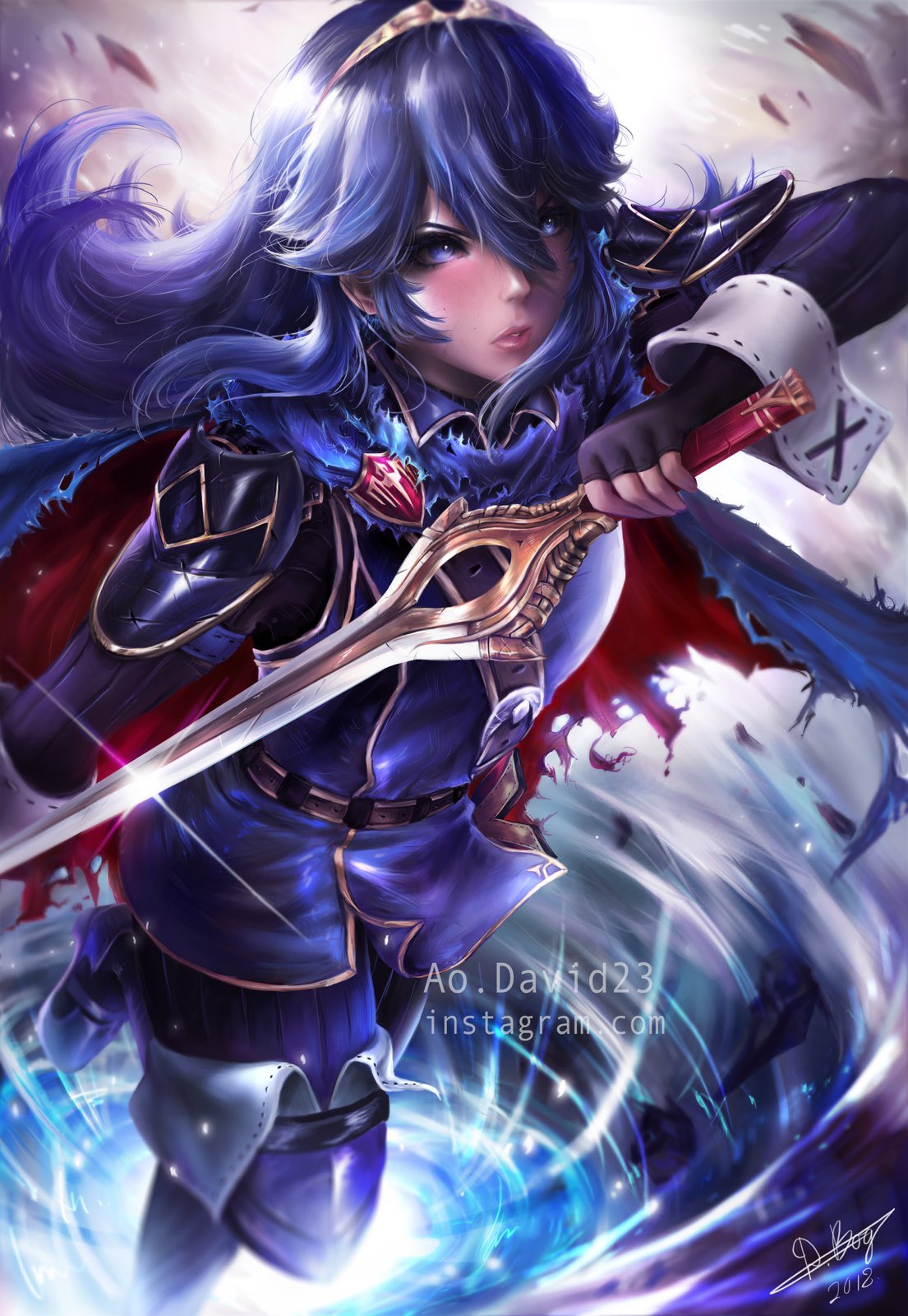 1girl aodavid23 arm_up artist_name belt belt_buckle blue_eyes blue_footwear blue_hair blue_legwear blush bodysuit boots buckle cape english_commentary falchion_(fire_emblem) fingerless_gloves fire_emblem fire_emblem_awakening gloves gold_trim hair_between_eyes highres holding holding_sword holding_weapon lens_flare lucina shiny shiny_hair shoulder_armor signature solo sword thigh_boots thighhighs tiara torn_cape torn_clothes watermark weapon web_address wrist_cuffs