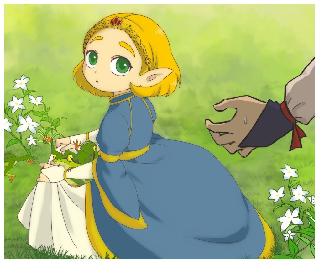 2girls blonde_hair blue_dress dress fingerless_gloves flower frog full_body gloves grass green_eyes impa kneeling looking_at_viewer looking_back multiple_girls parted_lips pointy_ears princess_zelda short_hair skirt_hold solo_focus sweatdrop the_legend_of_zelda the_legend_of_zelda:_breath_of_the_wild tiara usushira white_gloves younger