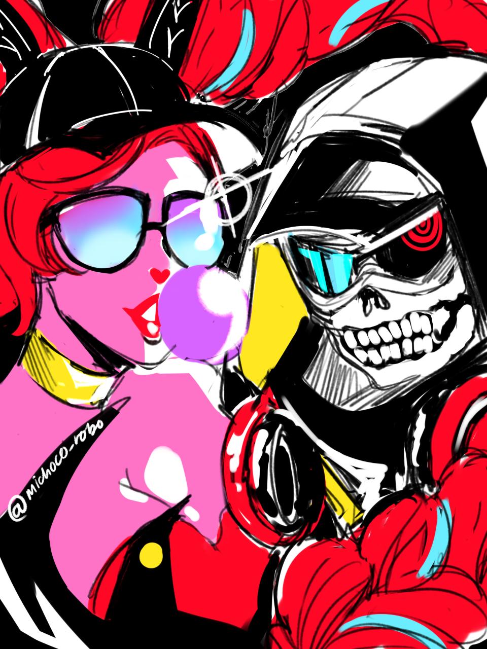 1boy 1girl baseball_cap bubble_blowing celestine_(persona_5) chewing_gum diffraction_spikes english_commentary goggles hat headphones headphones_around_neck highres hood hood_up lipstick looking_at_viewer makeup mich persona persona_5 persona_5_the_royal pink_skin red_hair red_lipstick sunglasses twitter_username william_(persona_5)