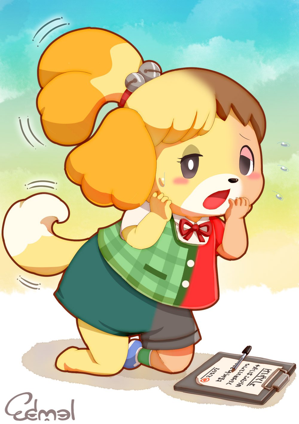 2019 alternate_species animal_crossing anthro blonde_hair brown_hair canid canine canis clothed clothing domestic_dog edmol female footwear furrification gender_transformation hair hi_res human human_to_anthro isabelle_(animal_crossing) male mammal mtf_transformation nintendo open_mouth shih_tzu shoes species_transformation tail_growth toy_dog transformation video_games villager_(animal_crossing)