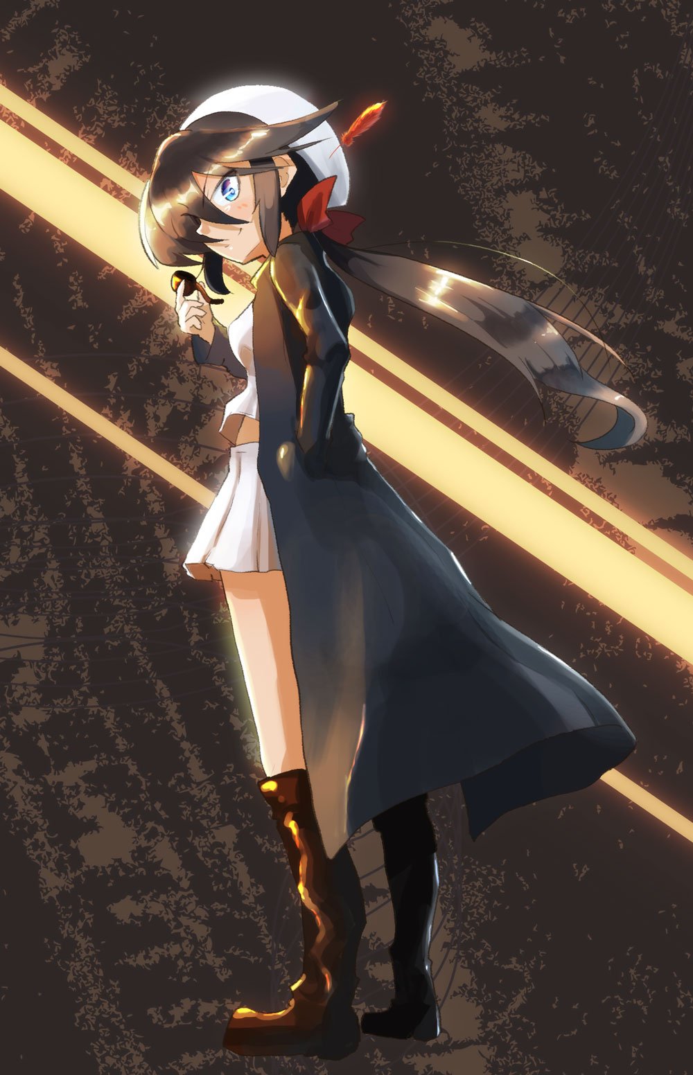 1girl bangs black_coat black_eyes black_footwear black_hair blouse boots bow coat commentary dark_skin dixie_cup_hat english_commentary full_body girls_und_panzer hair_bow hair_over_one_eye hand_in_pocket hat hat_feather highres holding holding_pipe jinguu_(4839ms) knee_boots light_blush long_hair long_sleeves looking_at_viewer midriff military_hat miniskirt ogin_(girls_und_panzer) ooarai_naval_school_uniform open_clothes open_coat open_mouth pipe pleated_skirt ponytail red_bow sailor school_uniform skirt smile solo standing white_blouse white_headwear white_skirt