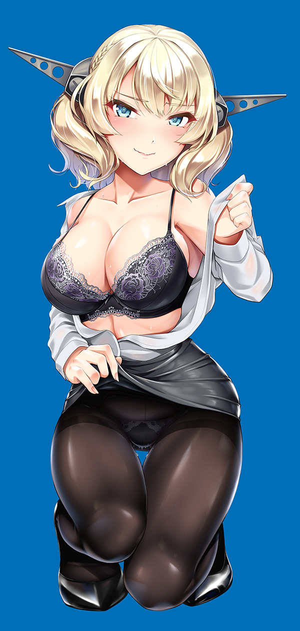 1girl 8000 black_bra black_panties blonde_hair blue_eyes bra braid breasts cleavage closed_mouth collarbone collared_shirt colorado_(kantai_collection) commentary_request eyebrows_visible_through_hair grey_headwear half-closed_eyes headgear high_heels highleg highleg_panties highres kantai_collection lace lace-trimmed_bra lace-trimmed_panties large_breasts lips looking_at_viewer open_clothes open_shirt panties panties_under_pantyhose pantyhose pencil_skirt removing_shirt shirt short_hair side_braids skirt skirt_lift smile solo string_of_flags sweat underwear wavy_mouth white_shirt