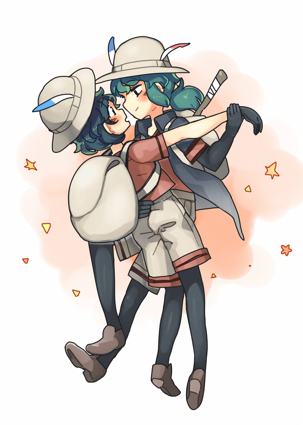 2girls backpack bag black_gloves black_jacket black_legwear blush commentary dancing dual_persona elbow_gloves eye_contact face-to-face full_body gloves green_hair hand_on_another's_waist hat hat_feather highres initsukkii jacket kaban_(kemono_friends) kemono_friends legwear_under_shorts long_hair looking_at_another low_ponytail multiple_girls pantyhose profile red_shirt selfcest shirt short_hair short_sleeves shorts simple_background time_paradox white_background white_shorts wrist_grab yuri