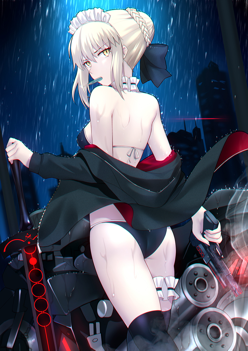 1girl artoria_pendragon_(all) artoria_pendragon_(swimsuit_rider_alter) black_jacket black_panties blonde_hair braid braided_bun dark_excalibur eyebrows_visible_through_hair fate/grand_order fate_(series) food frills ground_vehicle gun handgun highres in_mouth jacket looking_at_viewer looking_back maid_headdress motor_vehicle motorcycle night night_sky off_shoulder panties pistol popsicle rain shiguru sky solo standing sword thigh_strap underwear weapon