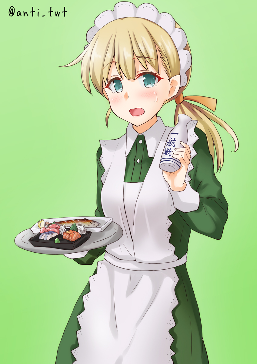 1girl alternate_costume anti_(untea9) apron bangs blonde_hair blunt_bangs bottle commentary_request dress enmaided food frilled_apron frills gradient gradient_background green_background green_dress green_eyes hair_ornament hair_ribbon highres kantai_collection long_hair looking_at_viewer low_ponytail maid maid_headdress open_mouth ribbon shin'you_(kantai_collection) side_ponytail solo sushi tokkuri twitter_username white_apron yellow_ribbon