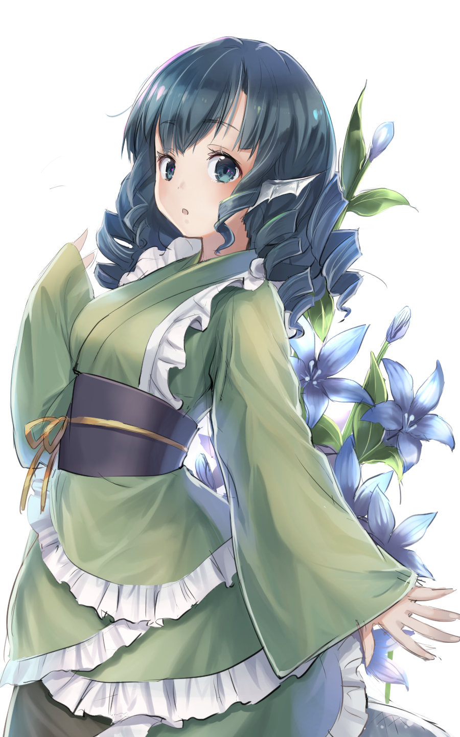 1girl :o bangs black_sash blue_eyes blue_flower blue_hair blush breasts commentary_request cowboy_shot drill_hair eyebrows_visible_through_hair flower frilled_kimono frills green_kimono hand_up head_fins highres japanese_clothes kimono leaf long_hair long_sleeves looking_at_viewer medium_breasts mermaid monster_girl obi parted_lips ribbon sash simple_background solo touhou usotsuki_penta wakasagihime white_background wide_sleeves yellow_ribbon