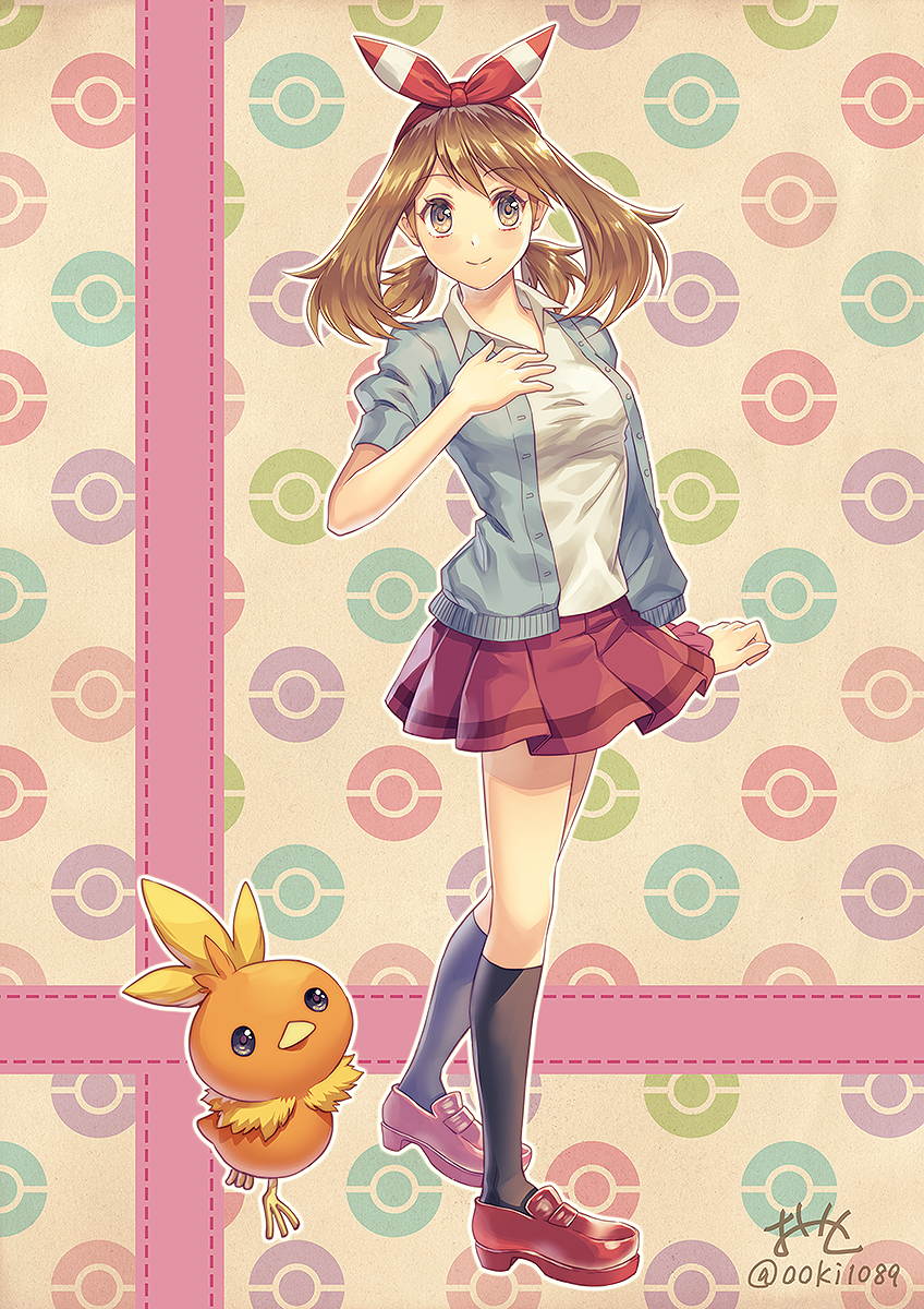 1girl black_legwear blue_cardigan blush bow brown_eyes brown_hair cardigan closed_mouth collared_shirt cosplay full_body gen_3_pokemon hair_bow hairband haruka_(pokemon) highres kneehighs lass_(pokemon) lass_(pokemon)_(cosplay) loafers long_hair looking_at_viewer miniskirt ooki1089 open_cardigan open_clothes pleated_skirt poke_ball_symbol pokemon pokemon_(creature) pokemon_(game) pokemon_oras red_footwear red_skirt shiny shiny_hair shirt shoes skirt sleeves_rolled_up smile solo standing striped striped_bow torchic twitter_username white_hairband white_shirt wing_collar