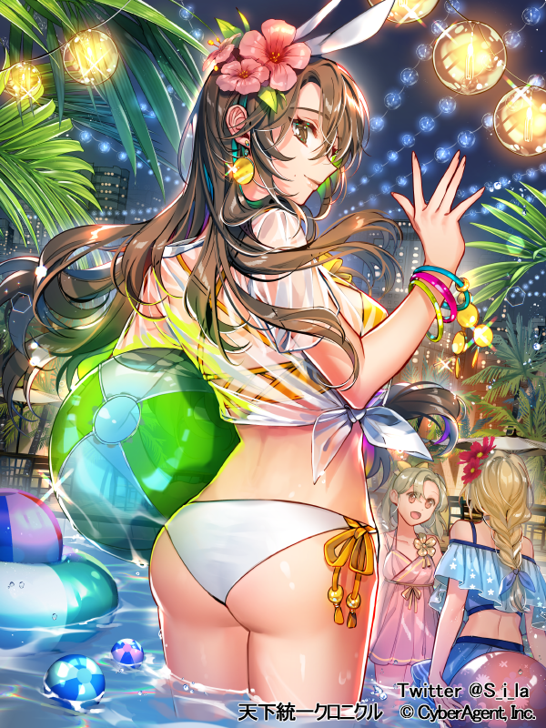 3girls ass ball bangle beachball bikini blonde_hair bracelet braid brown_hair earrings flower hair_flower hair_ornament indoors interitio jewelry long_hair multiple_girls official_art pool see-through smile standing swimsuit tenka_touitsu_chronicle wading water wet white_bikini_bottom