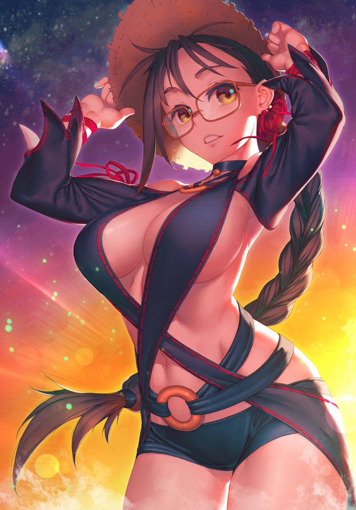1girl bangs black_hair braid breasts brown_hair cleavage commentary_request consort_yu_(fate) ear_piercing fate/grand_order fate_(series) from_below glasses hair_ornament hat holding large_breasts long-hair long_hair looking_at_viewer navel parted_bangs piercing red-framed_eyewear red_ribbon revealing_clothes ribbon rotix single_braid solo teeth yellow_eyes