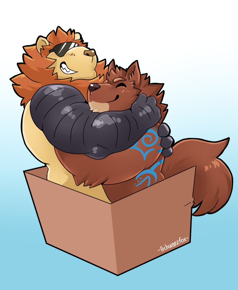 box canid canine chibi cybernetics cyborg felid hug lion lock_mckeldrick_(character) machine male male/male mammal muscular owlflame pantherine schwarzfox smile were werecanid werecanine werewolf