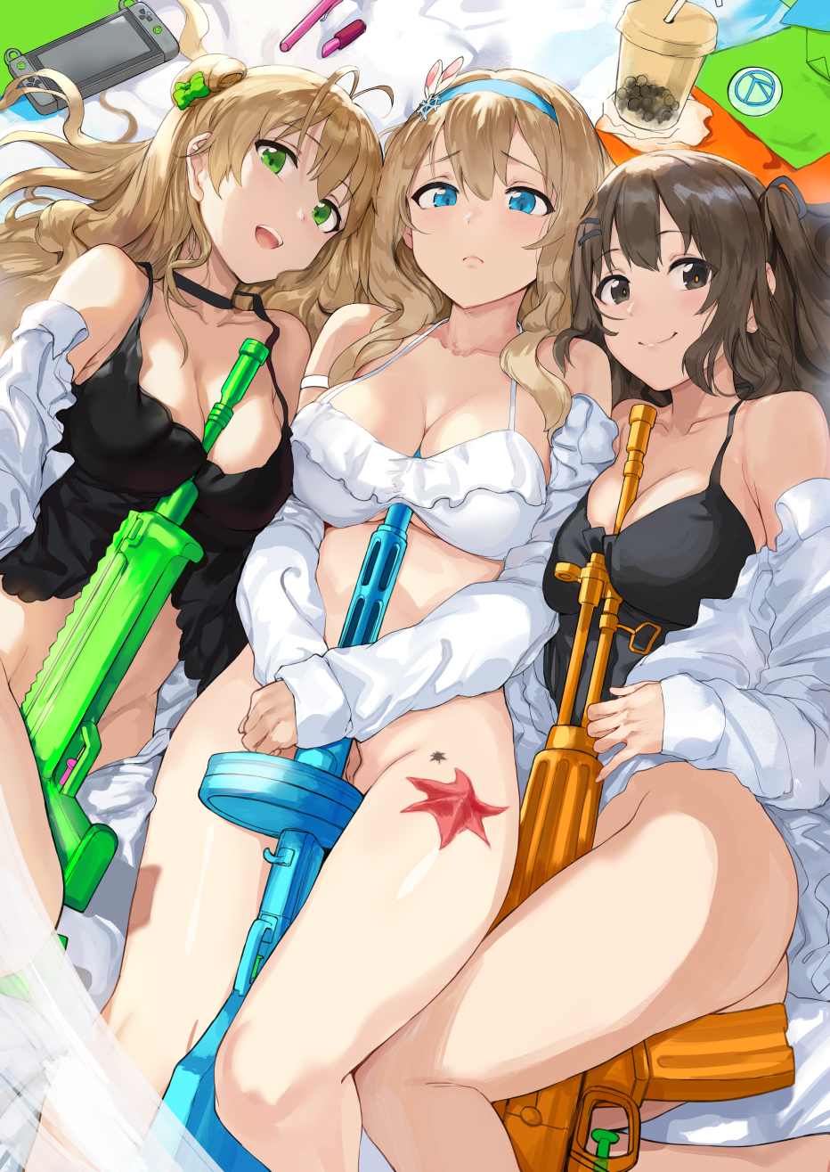 3girls :d ahoge assault_rifle bangs bare_shoulders between_legs bikini blue_eyes blue_hairband blush bottomless bow breasts brown_eyes brown_hair bubble_tea bullpup choker cleavage closed_mouth collarbone commentary creator_connection daewoo_k2 double_bun eyebrows_visible_through_hair frilled_bikini frills frown girls_frontline green_eyes groin gun hair_between_eyes hair_bow hair_ornament hairband hairclip handheld_game_console hews_hack highres holding holding_gun holding_weapon jacket k-2_(girls_frontline) kel-tec kel-tec_rfb long_hair long_sleeves looking_at_viewer lying medium_breasts multiple_girls off_shoulder on_back open_mouth rfb_(girls_frontline) rifle shiny shiny_skin shirt sidelocks smile snowflake_hair_ornament starfish submachine_gun suomi_kp/-31 suomi_kp31_(girls_frontline) swimsuit tank_top thighs water_gun weapon white_bikini white_shirt