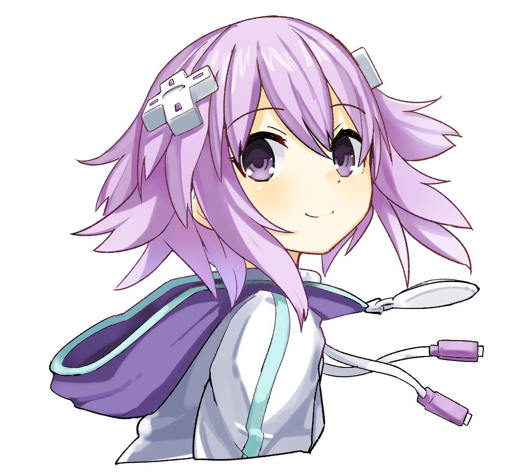 1girl d-pad d-pad_hair_ornament eyebrows_visible_through_hair from_side hair_between_eyes hair_ornament hood hooded_jacket jacket light_blush looking_at_viewer neptune_(neptune_series) neptune_(series) omnisucker purple_eyes purple_hair short_hair simple_background smile solo upper_body usb white_background