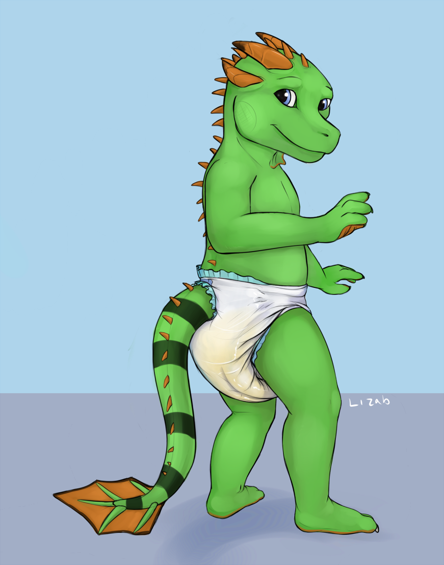 2015 anthro blue_eyes bodily_fluids cub diaper dragon furgonomics genital_fluids horn iguanid kassrik lizab lizard looking_at_viewer looking_back male reptile scalie solo standing urine wet_diaper wetting young