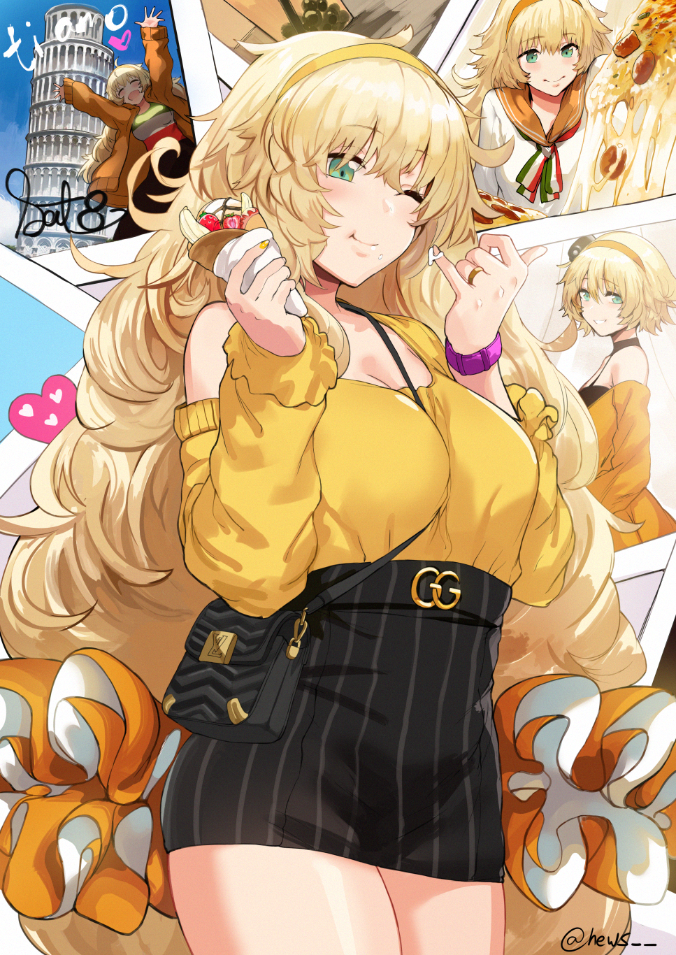 1girl :d ;) ^_^ alternate_hair_length alternate_hairstyle arms_up bag bangs between_breasts black_skirt blonde_hair blush breasts casual character_name closed_eyes commentary cowboy_shot crepe day eating eyebrows_visible_through_hair flower food girls_frontline green_eyes grin hair_between_eyes hair_ornament hair_scrunchie hairband hews_hack high-waist_skirt highres holding holding_food italian_flag italian_flag_neckwear italy jewelry leaning_tower_of_pisa long_hair looking_at_viewer messy_hair multiple_views one_eye_closed open_mouth orange_scrunchie pencil_skirt photo_(object) pizza plant potted_plant ring s.a.t.8_(girls_frontline) scrunchie shirt short_hair shoulder_bag sidelocks skirt smile storefront strap_between_breasts sweater twitter_username very_long_hair watch wedding_band white_shirt wristwatch yellow_flower yellow_hairband yellow_sweater