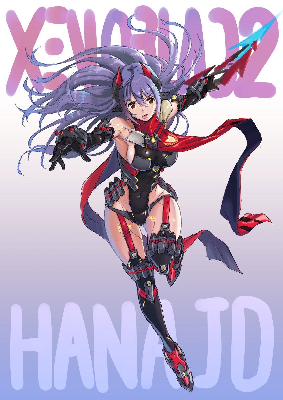 1girl android artist_request breasts covered_navel garter_straps gloves hana_(xenoblade) hana_jd highleg highleg_leotard highres large_breasts leotard long_hair looking_at_viewer orange_eyes purple_hair robot_joints scarf simple_background smile solo spoilers thighhighs white_background xenoblade_(series) xenoblade_2 yellow_eyes