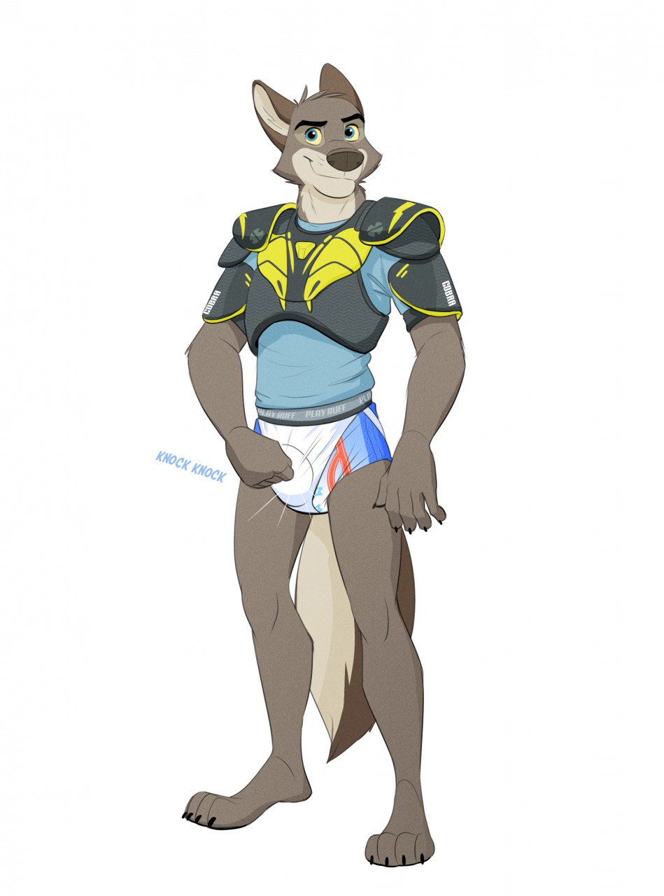 2019 5_fingers anthro blue_eyes brooks canid canine canis claws clothing colt3n diaper fingers grin hi_res jockstrap male mammal pull-ups(diaper) shirt smile solo standing text topwear underwear wolf