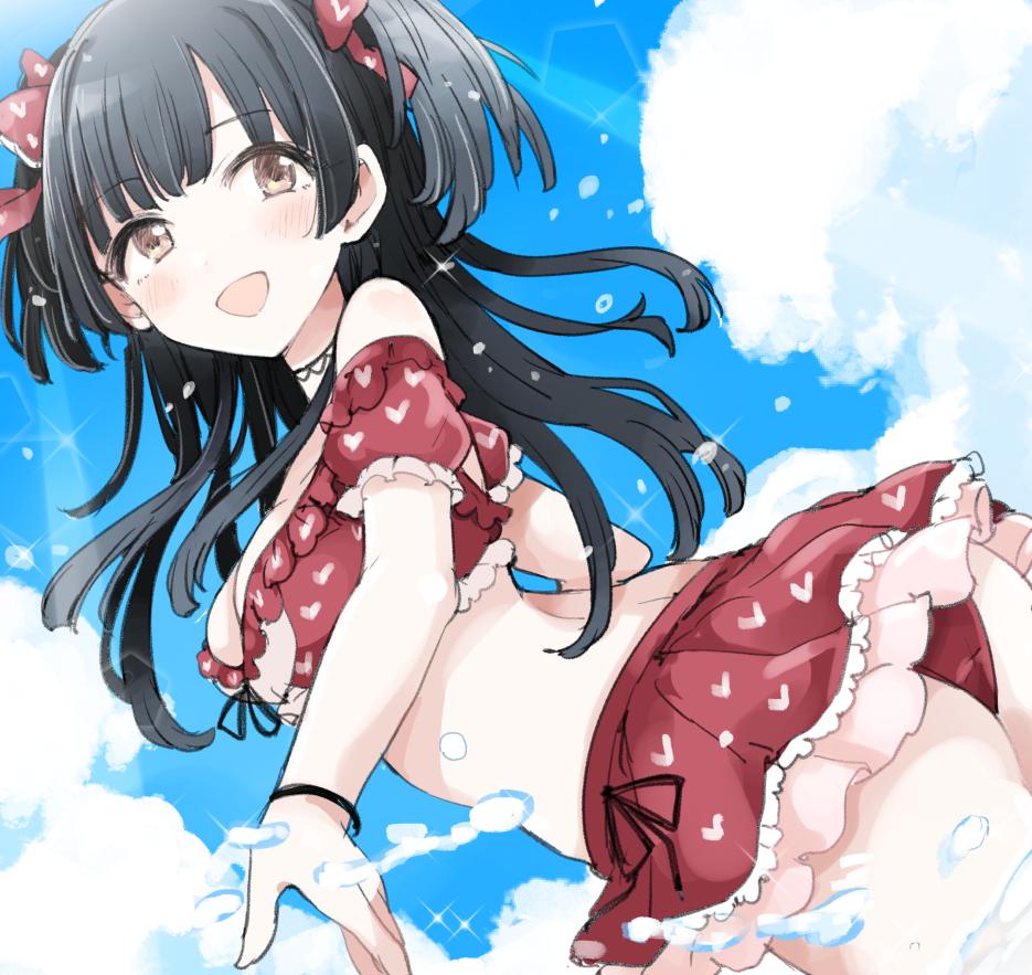 1girl bangs black_choker black_hair blue_sky blush breasts brown_eyes choker cleavage cloud commentary day from_behind idolmaster idolmaster_shiny_colors long_hair looking_at_viewer mayuzumi_fuyuko medium_breasts morina_nao ocean open_mouth outdoors partially_submerged sky smile solo sunlight swimsuit two_side_up water