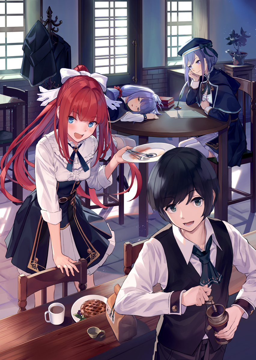 1boy 3girls ainarela animal_ears bangs black_hair blue_eyes blunt_bangs blush cat_ears chair coffee cutlery eyebrows_visible_through_hair food hat head_in_hand highres holding houkago_wa_isekai_kissa_de_coffee_wo indoors linaria_(isekai_coffee) long_hair looking_at_another looking_at_viewer lying multiple_girls nortori open_mouth pie plate purple_hair quill red_hair shirt short_hair sitting smile supertie table thighhighs white_legwear white_shirt window yu_(isekai_coffee)